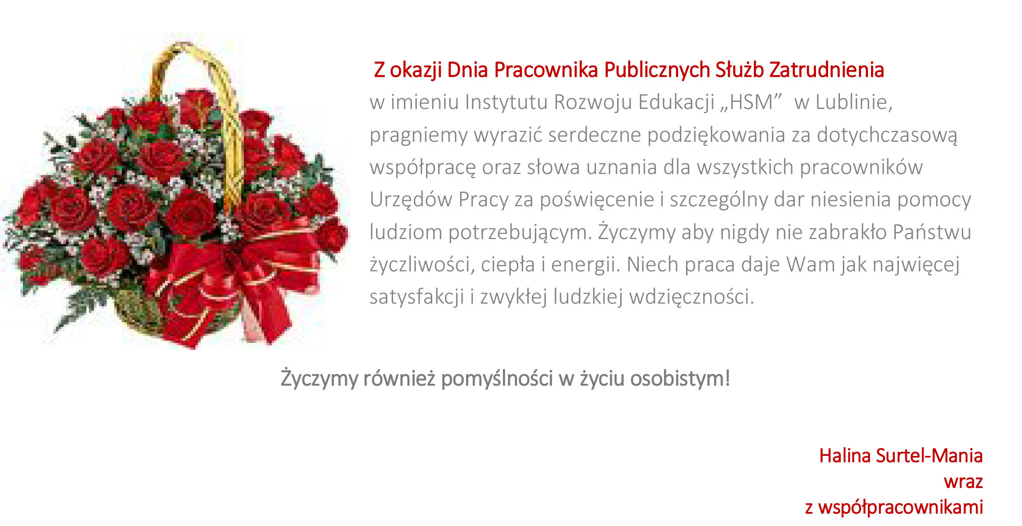 Życzenia z okazji Dnia Pracownika Publicznych Służb Zatrudnienia od HSM w Lublinie