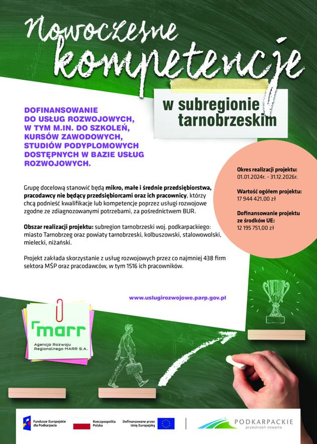 Agencja Rozwoju Regionalnego MARR S.A. jako Operator Regionalny dysponuje środkami finansowymi w ramach projektu „Nowoczesne kompetencje w subregionie tarnobrzeskim”, które są przeznaczone na dofinansowanie usług rozwojowych dostępnych w ramach Bazy Usług Rozwojowych