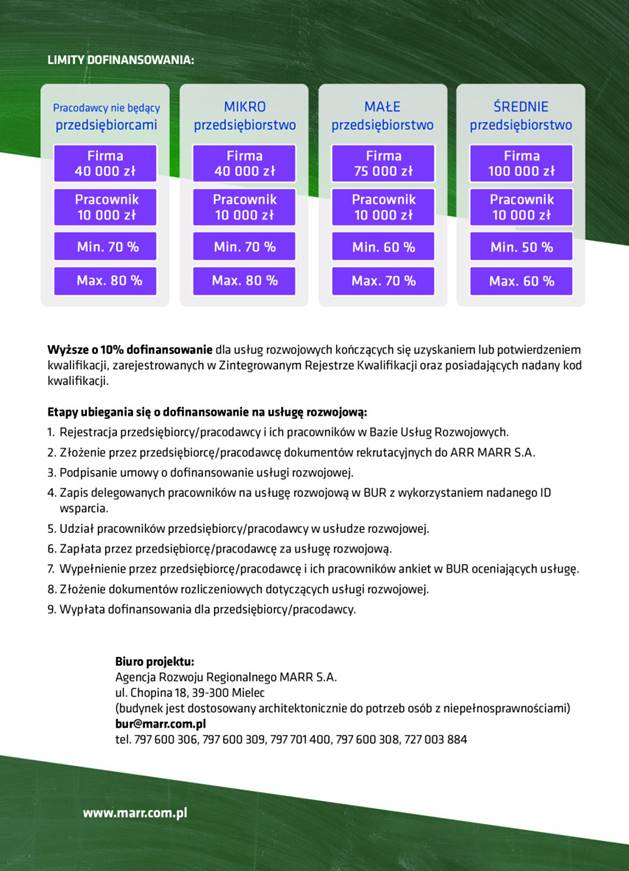 Agencja Rozwoju Regionalnego MARR S.A. jako Operator Regionalny dysponuje środkami finansowymi w ramach projektu „Nowoczesne kompetencje w subregionie tarnobrzeskim”, które są przeznaczone na dofinansowanie usług rozwojowych dostępnych w ramach Bazy Usług Rozwojowych